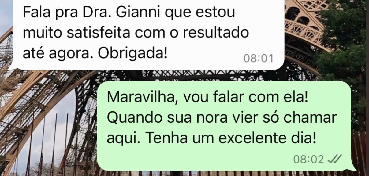 Relato de paciente após procedimento realizado pela Dra. Gianni